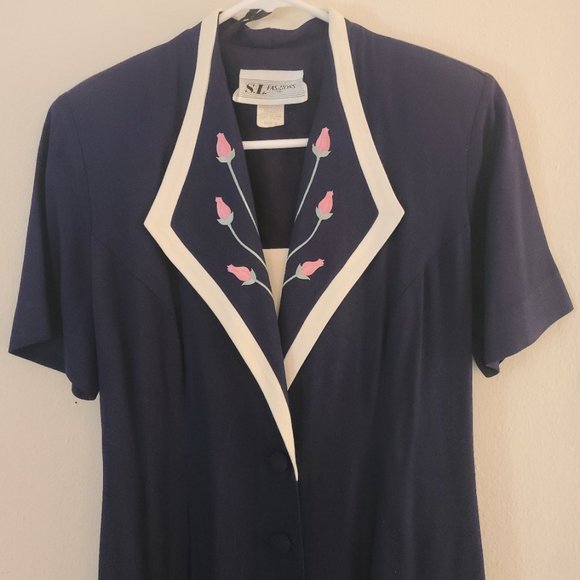 SL Fashions Ladies Dress Navy Blue-accent colors/flowers - Picture 2 of 16